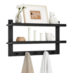 29" X 16" 2 Tier Ledge Wall Shelf Organizer With Five Hanging Hooks Black - Danya B. -Home Decor Series Store GUEST 04cdb312 1b8b 4796 bcc6 f6276f129058