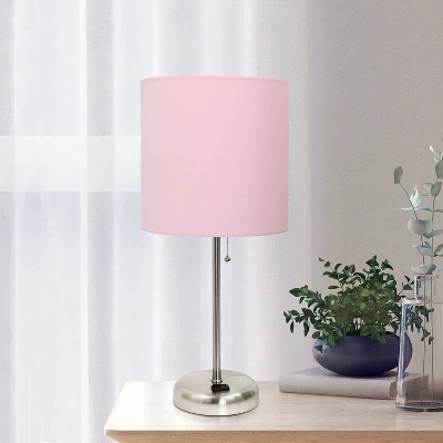 19.5" Bedside Power Outlet Base Metal Table Desk Lamp Brushed Steel With Fabric Shade Light Pink - Creekwood Home 7 19.5" Bedside Power Outlet Base Metal Table Desk Lamp Brushed Steel With Fabric Shade Light Pink - Creekwood Home - Image 7
