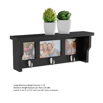 Wall Shelf And Picture Collage With Ledge And 3 Hanging Hooks- Photo Frame Decor Shelving With Modern Look, Holds 3 Photos By Hastings Home (Black) 3 Wall Shelf And Picture Collage With Ledge And 3 Hanging Hooks- Photo Frame Decor Shelving With Modern Look, Holds 3 Photos By Hastings Home (Black) - Image 3