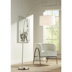 360 Lighting Cora Modern Arc Floor Lamp Standing 72" Tall Brushed Nickel Metal White Linen Drum Shade For Living Room Reading Bedroom Office House