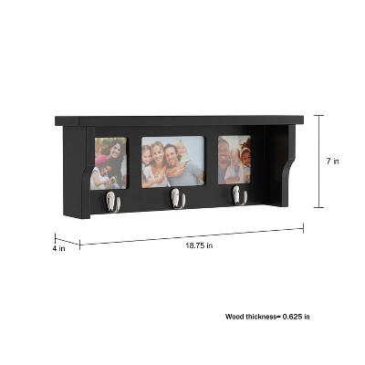 Wall Shelf And Picture Collage With Ledge And 3 Hanging Hooks- Photo Frame Decor Shelving With Modern Look, Holds 3 Photos By Hastings Home (Black) 2 Wall Shelf And Picture Collage With Ledge And 3 Hanging Hooks- Photo Frame Decor Shelving With Modern Look, Holds 3 Photos By Hastings Home (Black) - Image 2
