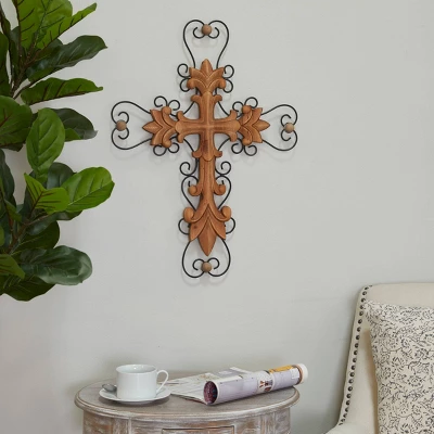 Wood Biblical Carved Cross Wall Decor With Metal Scrollwork - Olivia & May 6 Wood Biblical Carved Cross Wall Decor With Metal Scrollwork - Olivia & May - Image 6