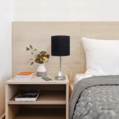 19.5" Bedside Power Outlet Base Metal Table Desk Lamp Brushed Steel With Fabric Shade Black - Creekwood Home -Home Decor Series Store GUEST 2c315ef3 229f 40ae ba56 1a36504925f3