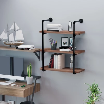 HOMCOM 3-Tier Industrial Pipe Shelves, Floating Wall Mounted Bookshelf, Metal Frame Display Rack For Living Room Or Bedroom, Rustic Brown 1 HOMCOM 3-Tier Industrial Pipe Shelves, Floating Wall Mounted Bookshelf, Metal Frame Display Rack For Living Room Or Bedroom, Rustic Brown