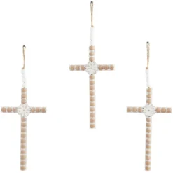 Set Of 3 Wood Biblical Carved Beaded Crosses Wall Decors With Rope Hanger Light Brown - Olivia & May