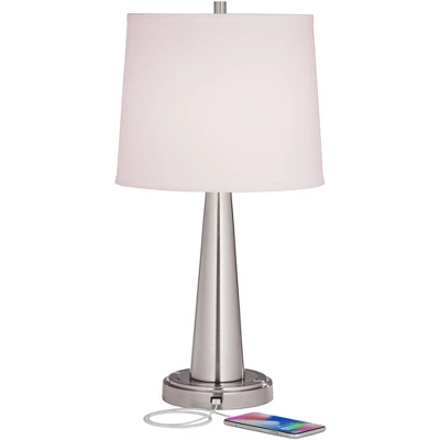 360 Lighting Karla Art Deco Style Table Lamps 25" High Set Of 2 Brushed Nickel With USB Charging Port And Table Top Dimmers White Fabric Drum For Desk 2 360 Lighting Karla Art Deco Style Table Lamps 25" High Set Of 2 Brushed Nickel With USB Charging Port And Table Top Dimmers White Fabric Drum For Desk - Image 2