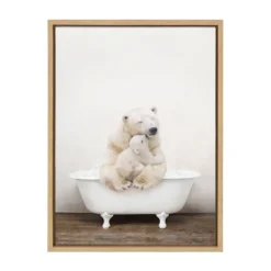 18" X 24" Sylvie Mother Baby Polar Bear Bath Framed Canvas By Amy Peterson Natural - Kate & Laurel All Things Decor