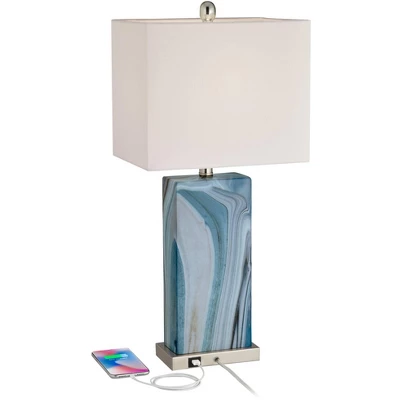 360 Lighting Connie Modern Table Lamps 25" High Set Of 2 Blue Faux Marble With USB Charging Ports LED White Shade For Bedroom Living Room House Desk 2 360 Lighting Connie Modern Table Lamps 25" High Set Of 2 Blue Faux Marble With USB Charging Ports LED White Shade For Bedroom Living Room House Desk - Image 2