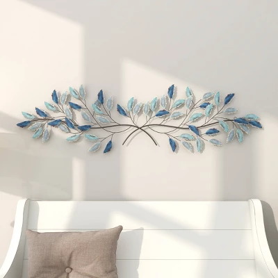 15" X 52" Metal Leaf Wall Decor With Gold Accent Blue - Olivia & May 2 15" X 52" Metal Leaf Wall Decor With Gold Accent Blue - Olivia & May - Image 2