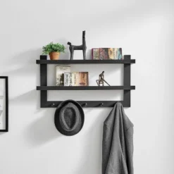 29" X 16" 2 Tier Ledge Wall Shelf Organizer With Five Hanging Hooks Black - Danya B.