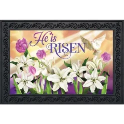 He Is Risen Lilies Easter Doormat Religious Indoor Outdoor 30" X 18" Briarwood Lane