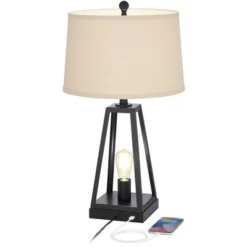 Franklin Iron Works Kacey Industrial Table Lamps 25 1/4" High Set Of 2 Dark Metal With USB LED Nightlight Oatmeal Shade For Bedroom Living Room Desk -Home Decor Series Store GUEST 4f5e6c04 a825 4050 afee 16a610c2753c