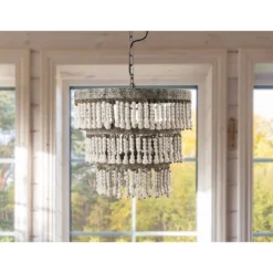 3-Tier Round Metal Chandelier With 3 Lights And Hanging Wood Beads Cream - Storied Home -Home Decor Series Store GUEST 519910dc 1efd 4a11 bb78 9259d59994b2