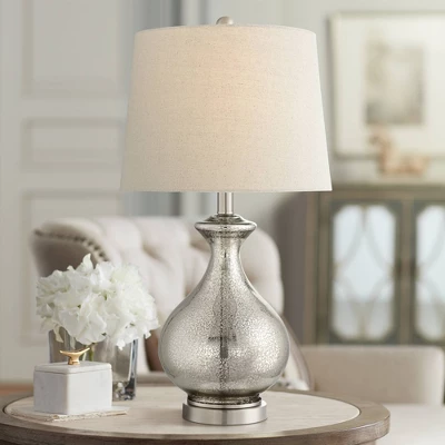 360 Lighting Albert Modern Table Lamp 24 3/4" High Mercury Glass Gourd Oatmeal Drum Shade For Bedroom Living Room Bedside Nightstand Office Kids House 1 360 Lighting Albert Modern Table Lamp 24 3/4" High Mercury Glass Gourd Oatmeal Drum Shade For Bedroom Living Room Bedside Nightstand Office Kids House