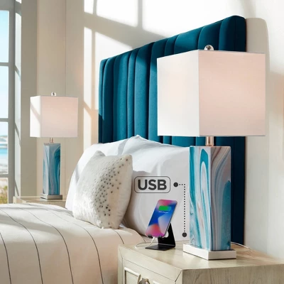 360 Lighting Connie Modern Table Lamps 25" High Set Of 2 Blue Faux Marble With USB Charging Ports LED White Shade For Bedroom Living Room House Desk 1 360 Lighting Connie Modern Table Lamps 25" High Set Of 2 Blue Faux Marble With USB Charging Ports LED White Shade For Bedroom Living Room House Desk