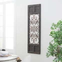 Traditional Wood Scroll Window Inspired Wall Decor With Metal Scrollwork Relief Brown - Olivia & May