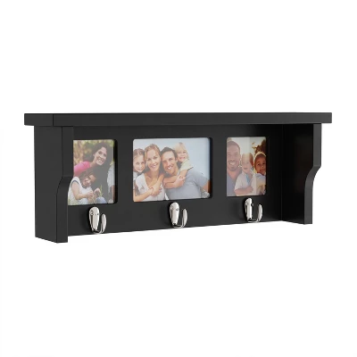 Wall Shelf And Picture Collage With Ledge And 3 Hanging Hooks- Photo Frame Decor Shelving With Modern Look, Holds 3 Photos By Hastings Home (Black) 1 Wall Shelf And Picture Collage With Ledge And 3 Hanging Hooks- Photo Frame Decor Shelving With Modern Look, Holds 3 Photos By Hastings Home (Black)