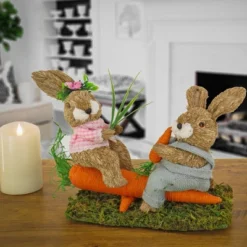 National Tree Company Two Bunnies Table Decoration, Two Bunnies Resting On Carrot, Artificial Grassy Base, Easter Collection, 14 Inches