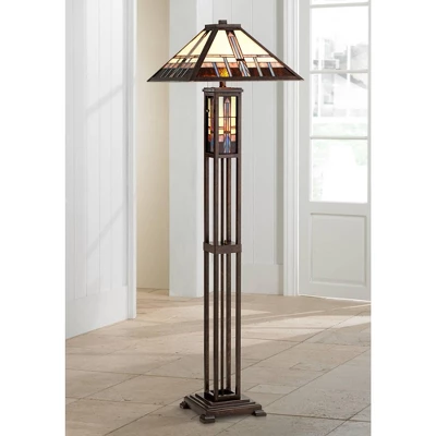 Robert Louis Tiffany Mission Rustic Floor Lamp 60 1/2" Tall Oiled Bronze With Nightlight Geometric Stained Art Glass Shade For Living Room Bedroom 1 Robert Louis Tiffany Mission Rustic Floor Lamp 60 1/2" Tall Oiled Bronze With Nightlight Geometric Stained Art Glass Shade For Living Room Bedroom