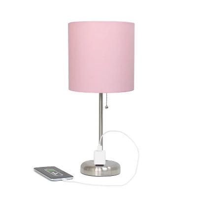19.5" Bedside Power Outlet Base Metal Table Desk Lamp Brushed Steel With Fabric Shade Light Pink - Creekwood Home 2 19.5" Bedside Power Outlet Base Metal Table Desk Lamp Brushed Steel With Fabric Shade Light Pink - Creekwood Home - Image 2