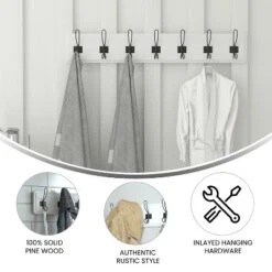 Emma And Oliver 34" Solid White Rustic Wall Hanging Storage Rack With Hooks For Entryway, Kitchen, Bathroom And More -Home Decor Series Store GUEST 831f5902 9bb6 4e8e 93d5 5a436adbacea