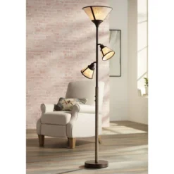 Franklin Iron Works Plymouth Rustic Farmhouse Torchiere Floor Lamp With Side Lights 72" Tall Bronze Faux Wood Mica Shade For Living Room Reading House
