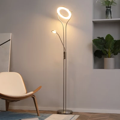 HOMCOM Modern LED 2 Light Floor Lamp, Tall Standing Lamp With Rotatable Ring Light And Height Adjustable Side Light For Living Room Or Bedroom, Silver 1 HOMCOM Modern LED 2 Light Floor Lamp, Tall Standing Lamp With Rotatable Ring Light And Height Adjustable Side Light For Living Room Or Bedroom, Silver