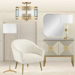 Franklin Iron Works Elwood Modern Ceiling Light Semi Flush Mount Fixture 13 1/4" Wide Gold 4-Light Water Glass Drum Shade For Bedroom Kitchen House -Home Decor Series Store GUEST a679f4b4 db30 4547 9564 d183b5e5a571