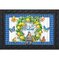 Briarwood Lane Lemon Wreath Spring Doormat Welcome Bluebird Plaid Indoor Outdoor 30" X 18"