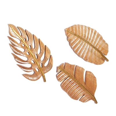 Set Of 3 Mango Wood Leaf Handmade Carved Wall Decors Brown - Olivia & May 1 Set Of 3 Mango Wood Leaf Handmade Carved Wall Decors Brown - Olivia & May