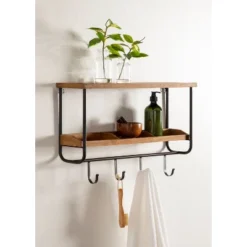24" X 15" Oddell Wood Wall Shelf With Hooks Rustic Brown - Kate & Laurel All Things Decor -Home Decor Series Store GUEST afb18a7a a41e 4eb1 bd24 50c02f52c263