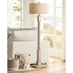 Barnes And Ivy Baluster Country Cottage Floor Lamp 63 1/2" Tall Pickled Wood Oatmeal Linen Drum Shade For Living Room Reading Bedroom Office House