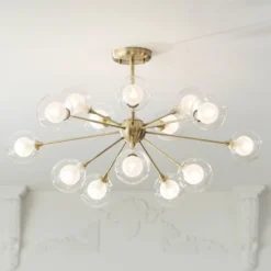 Possini Euro Design Modern Ceiling Light Semi Flush Mount Fixture Sputnik Brass 30 1/2" Wide 15-Light Double Glass Ball Hallway
