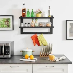 29" X 16" 2 Tier Ledge Wall Shelf Organizer With Five Hanging Hooks Black - Danya B. -Home Decor Series Store GUEST bf17a7c3 0fca 4935 88e4 cf9478f9858d