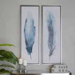 Home Decor Series Store 31 Set Of 2 Canvas Bird Feathers Framed Wall Arts With Silver Frames Blue - Olivia & May