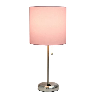 19.5" Bedside Power Outlet Base Metal Table Desk Lamp Brushed Steel With Fabric Shade Light Pink - Creekwood Home 1 19.5" Bedside Power Outlet Base Metal Table Desk Lamp Brushed Steel With Fabric Shade Light Pink - Creekwood Home