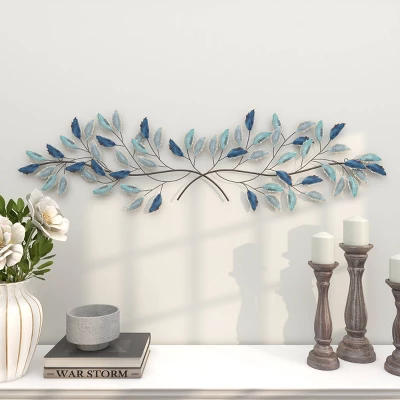 15" X 52" Metal Leaf Wall Decor With Gold Accent Blue - Olivia & May 1 15" X 52" Metal Leaf Wall Decor With Gold Accent Blue - Olivia & May