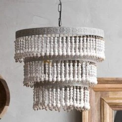 3-Tier Round Metal Chandelier With 3 Lights And Hanging Wood Beads Cream - Storied Home -Home Decor Series Store GUEST ca6d316d 5c26 47ed 87b0 d32c2d3c9e65