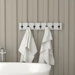 Emma And Oliver 34" Solid White Rustic Wall Hanging Storage Rack With Hooks For Entryway, Kitchen, Bathroom And More -Home Decor Series Store GUEST cc144a56 57a1 4068 9bc4 9c486671ce56