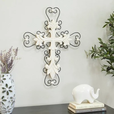 Wood Biblical Carved Cross Wall Decor With Metal Scrollwork - Olivia & May 3 Wood Biblical Carved Cross Wall Decor With Metal Scrollwork - Olivia & May - Image 3