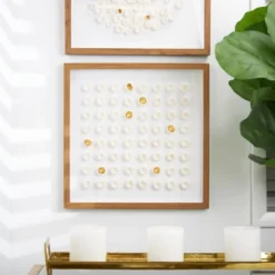 20" X 20" Paper Mache Geometric Handmade 3D Molded Art Shadow Box With Gold Accent And Wooden Frame White - The Novogratz