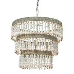 3-Tier Round Metal Chandelier With 3 Lights And Hanging Wood Beads Cream - Storied Home -Home Decor Series Store GUEST ef78814b 7f7f 4f26 b14a c79a2aab0197