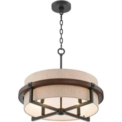 Possini Euro Design Bronze Wood Finish Pendant Chandelier 22" Wide Rustic Farmhouse Tan Fabric Drum 4-Light Fixture For Dining Room House -Home Decor Series Store GUEST f0d0f05a 32c1 47ab a51c ccb88a583cb8