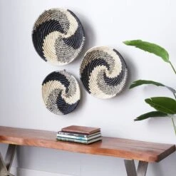 Bohemian Seagrass Plate Handmade Spiral Basket Wall Decor Set Of 3 Black - Olivia & May