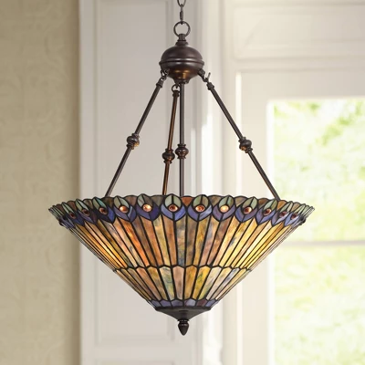 Robert Louis Tiffany Bronze Pendant Chandelier 20" Wide Rustic Peacock Stained Art Glass 3-Light Fixture For Dining Room House Kitchen Island Entryway 1 Robert Louis Tiffany Bronze Pendant Chandelier 20" Wide Rustic Peacock Stained Art Glass 3-Light Fixture For Dining Room House Kitchen Island Entryway