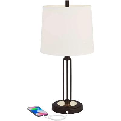 Franklin Iron Works Javier Industrial Table Lamp 24 1/2" High Bronze With USB Charging Port White Drum Shade For Bedroom Living Room Bedside Home Desk 2 Franklin Iron Works Javier Industrial Table Lamp 24 1/2" High Bronze With USB Charging Port White Drum Shade For Bedroom Living Room Bedside Home Desk - Image 2