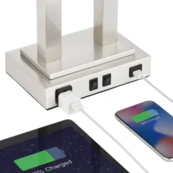 Possini Euro Design Amity Modern Table Lamp 26" High Brushed Nickel With USB And AC Power Outlet In Base White Linen Shade For Bedroom Bedside Desk -Home Decor Series Store GUEST faab9f00 a01b 4be2 963c a37ffcd0f7f1